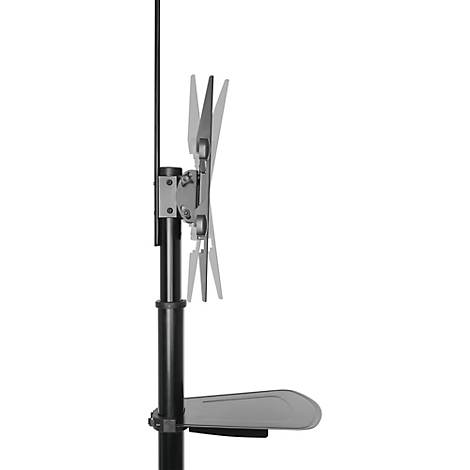 Vue latérale d'un support TV. Noir, avec des éléments argentés tenant un écran. Une télécommande est sur une étagère.