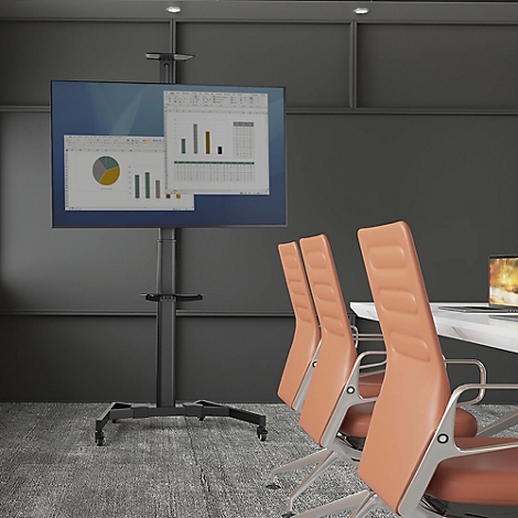 Un support TV mobile noir, composé d'une base avec roulettes, d'une colonne avec supports réglables en hauteur et d'une étagère.