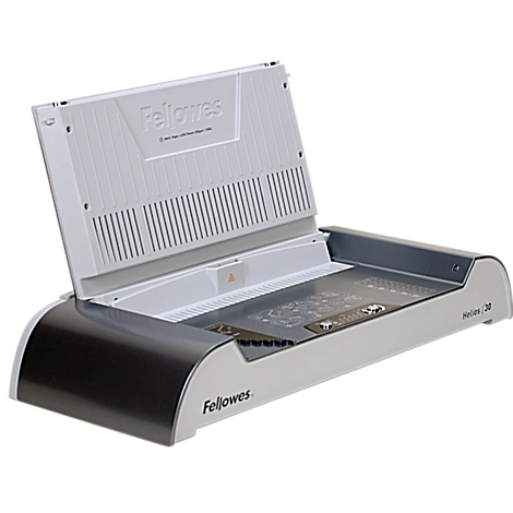 A grey and black Fellowes binding machine with the lid open.
