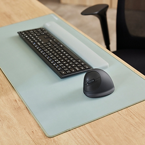 Dunkelgraue, ergonomisch geformte Maus. Kleine Erhebungen auf einer Seite. Abgerundete Form mit breiter Basis.