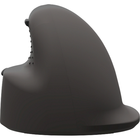 Dunkelgraue, tropfenförmige Kunststoffkonstruktion mit Vertiefungen und Aussparungen, detailreich vor weißem Hintergrund.