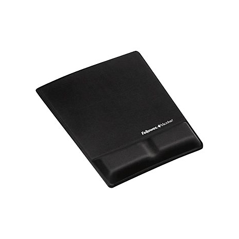 Schwarzes Mauspad mit Handgelenkauflage, Herstellerlogo. Auf weißem Hintergrund.