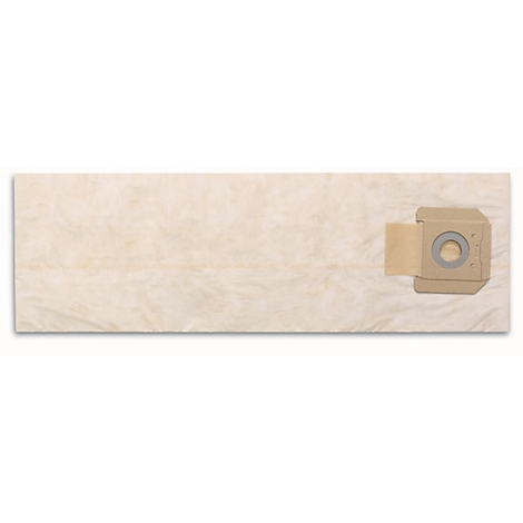 Beige vacuum cleaner bag with cardboard attachment and metal ring.