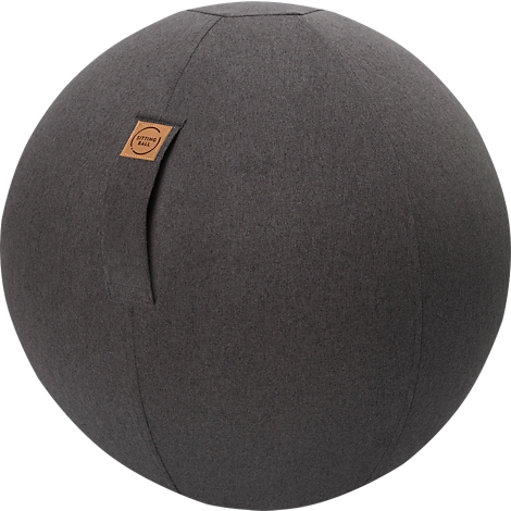 Dark gray exercise ball with leather label and loop.