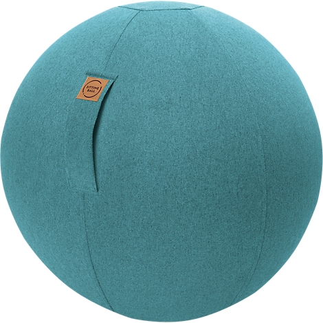 Teal fabric sitting ball with a small label. A name is written on the label.