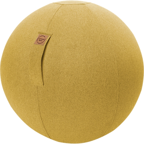 Mustard yellow sitting ball with a handle and a brand label. The material is soft and textured.