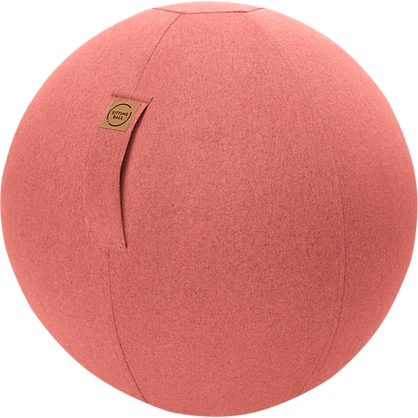 Round, coral-colored exercise ball. With label and side opening.