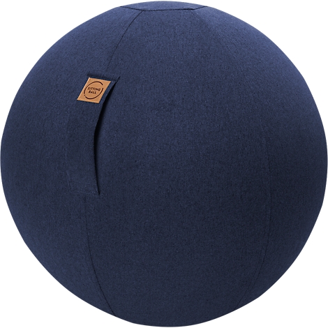 Dark blue sitting ball with brand logo. On the side a fabric tab for fixing. The surface is coarsely structured.