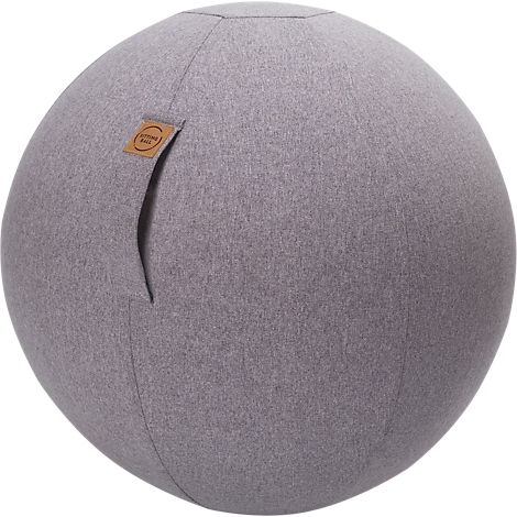 Gray fabric exercise ball with brown leather logo. A small slit on the side.