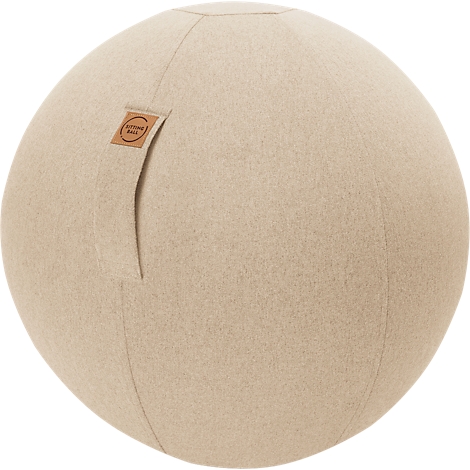 Beige exercise ball made of soft fabric with a brown leather label.