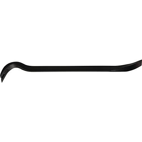 Un pied-de-biche noir est posé horizontalement sur un fond blanc. Il a une tête courbée et une tige plate et longue.