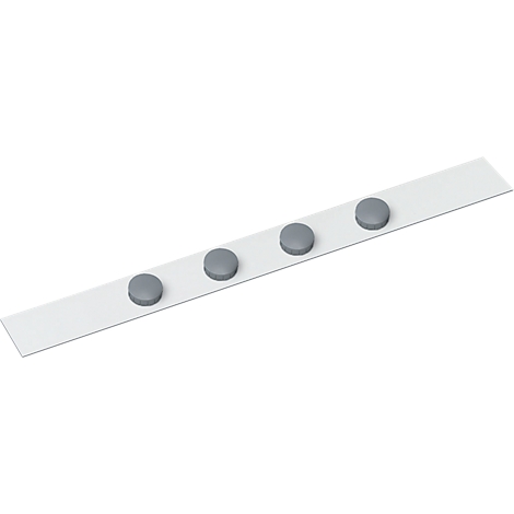 A white, slanted band with four gray, round buttons.