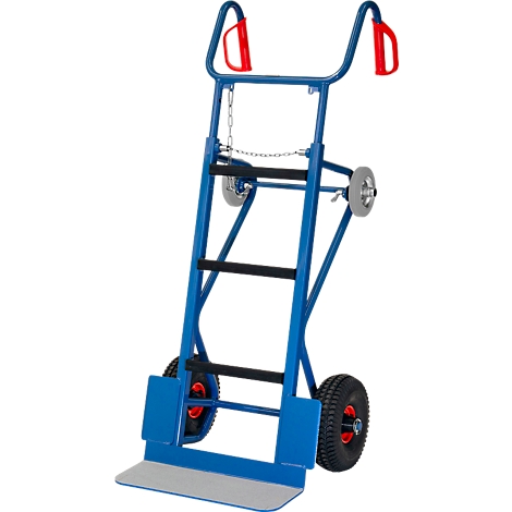 Blue hand truck. Two red handles, black tires, gray loading surface.