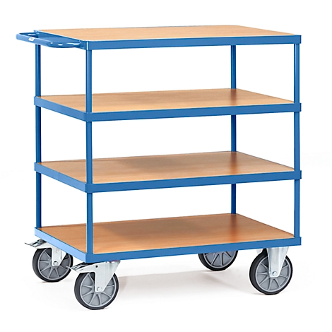Un chariot de service bleu avec quatre niveaux, des étagères en bois et des roulettes sur fond blanc.