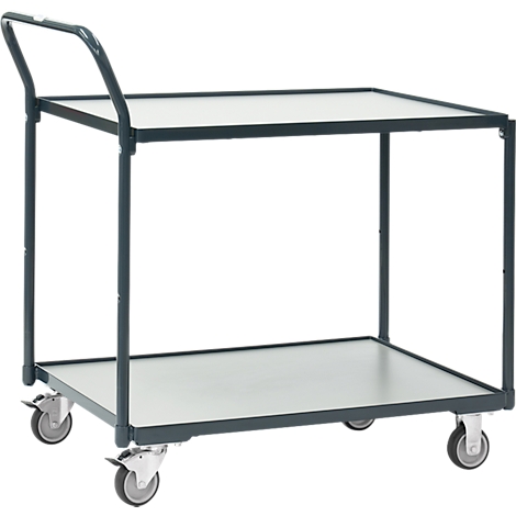Un chariot de transport gris à deux niveaux et des roues.