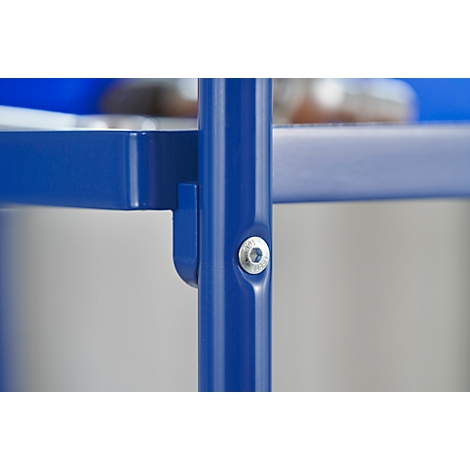 Close-up of blue metal construction with screw and angle. The background is blurred.