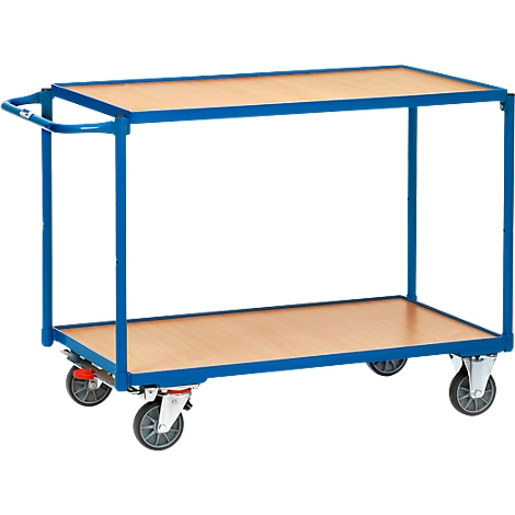 Blauwe en zilveren serveerwagen met houten planken en vier wielen.