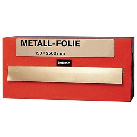 Boîte rouge avec texte "METALL-FOLIE", feuille d'or et dimensions.