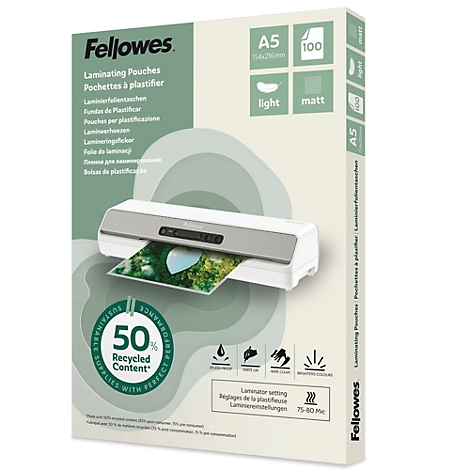 Emballage beige clair, imprimé avec une plastifieuse. En haut à gauche : logo Fellowes. Impressions : pochettes de plastification, A5, 100 pièces, mat, léger.
