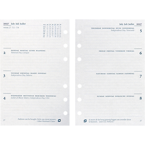 Calendrier avec juillet 2027. Sur une double page sont listés les jours avec les jours fériés. Papier de classeur à anneaux avec trous pré-perforés.