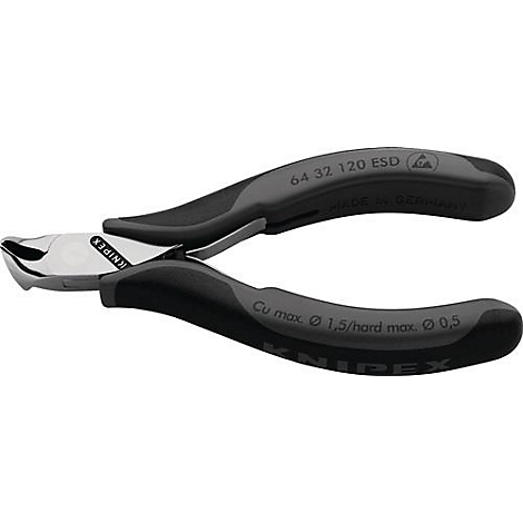Pince coupante latérale noire et argentée avec des poignées grises. KNIPEX et d'autres spécifications sont écrites sur l'outil.