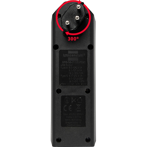 Multiprise noire avec trois prises, un port USB-A et un port USB-C.