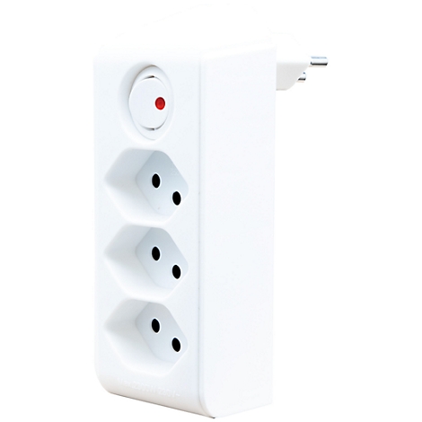 Vue arrière d'un appareil blanc avec trois bornes métalliques rondes et un boîtier lisse et ovale.