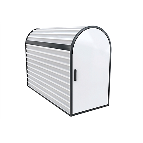 Een metalen tuinbox met een gewelfd dak en witte deur. Zwart omrand, de box is grijs gegolfd.