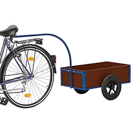 Fiets met aanhanger, donker hout, blauw frame. De fiets en aanhanger zijn geplaatst op een lichte achtergrond.