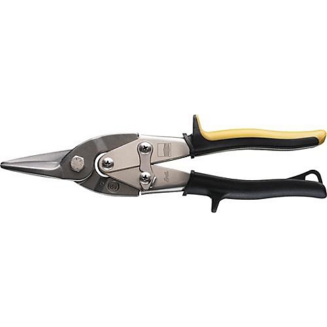 Metal shears, silver-colored, with yellow and black handles.