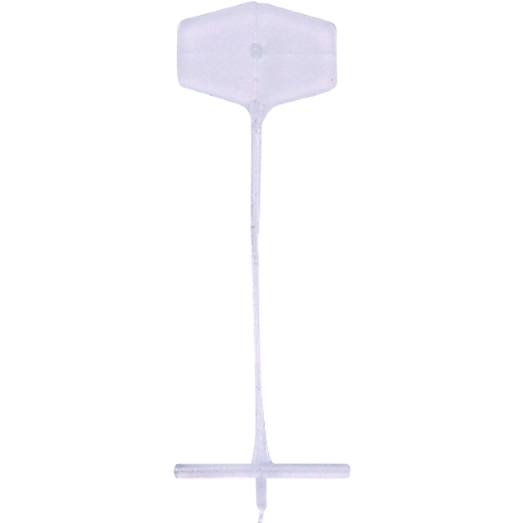 Une étiquette en plastique transparent avec une tête hexagonale et une tige, et un pied en forme de croix.