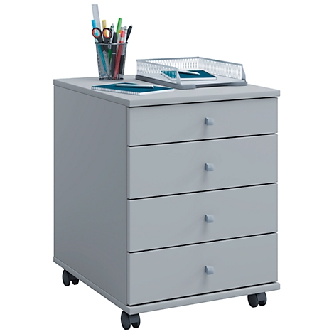 Gray rolling file cabinet with four drawers. Paper tray, pens, and notepad on top.