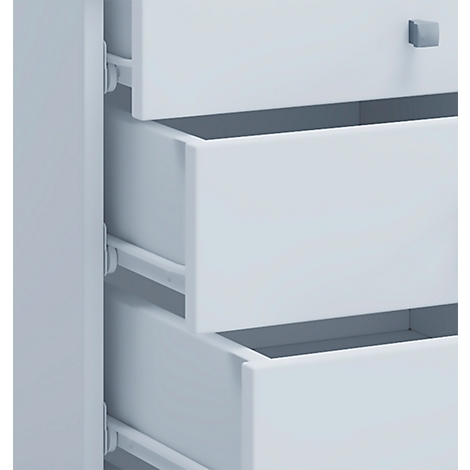 Detail of a white drawer partially open. Silver rails are visible.