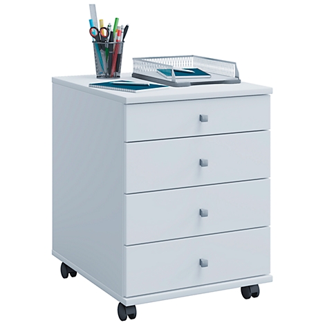 White rolling cabinet with four drawers and work utensils.