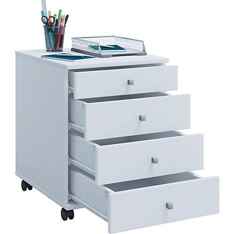 White rolling file cabinet with four drawers, partially open. Pens, scissors, and tray on top. Rollers at the base.