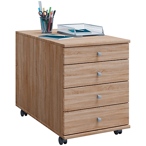 Wooden rolling cabinet with 4 drawers and office supplies. On castors, silver-colored handles.
