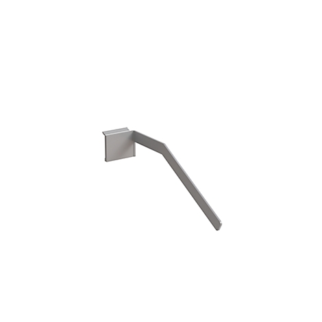 Gray, angled wall hook, against a white background. Rectangular holder, angled arm.
