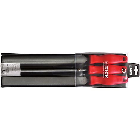 File set in plastic packaging, red handles, brand DICK. Inscription on the packaging.
