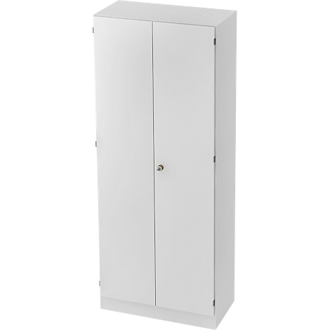 White cabinet with two doors, silver handle and hinges.