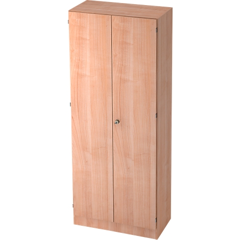 A tall wooden cabinet, with two doors and a small handle in the middle.