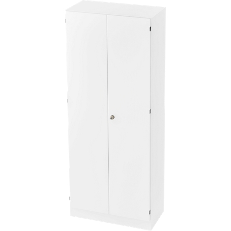 White cabinet with two doors and handle. Neutral background.