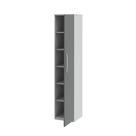 Tall cabinet with gray door, open compartments behind. The cabinet stands against a white background.