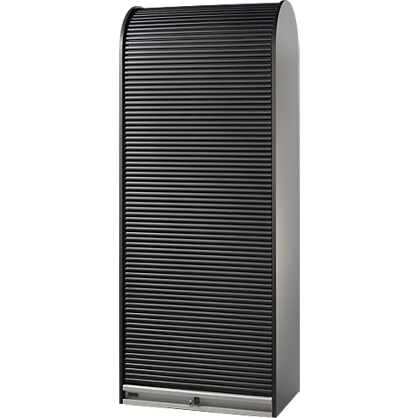 Black cabinet with roller shutter, details of the slats and the metal surround.