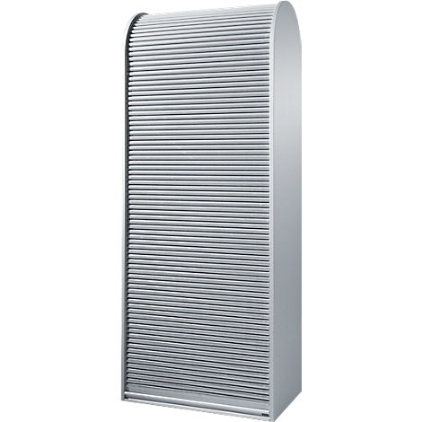 A silver roller shutter cabinet, the slats slightly curved.