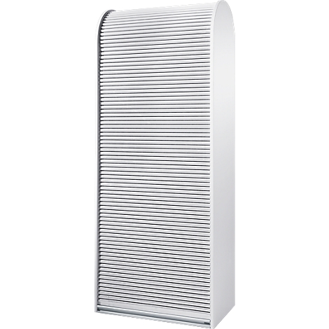 White cabinet with roller shutter front.