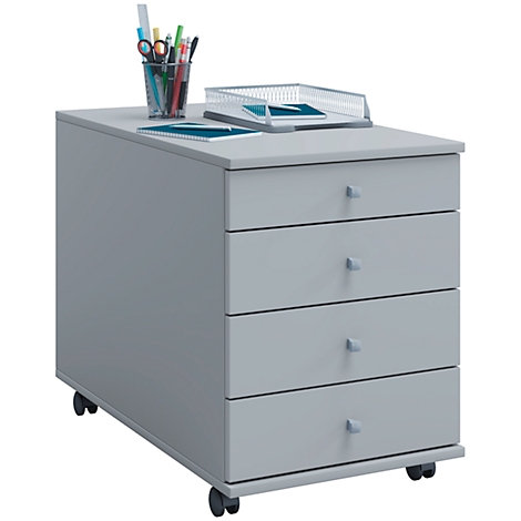 Gray rolling file cabinet with four drawers, pen holder, tray, notepad. On casters.