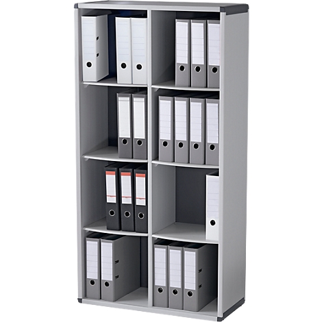 Gray file cabinet with folders. Folders with white labels.