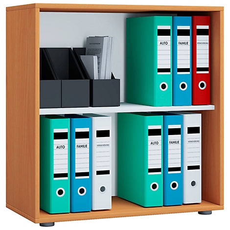 Wooden office cabinet with folders. The folders are colored and labeled.
