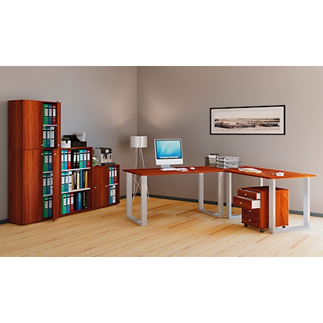 Office with wooden furniture: desk, file cabinets, computer. The image shows an office space with a desk and file cabinets.