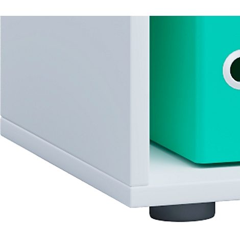 White shelf wall with turquoise box, gray foot. Detailed shot.